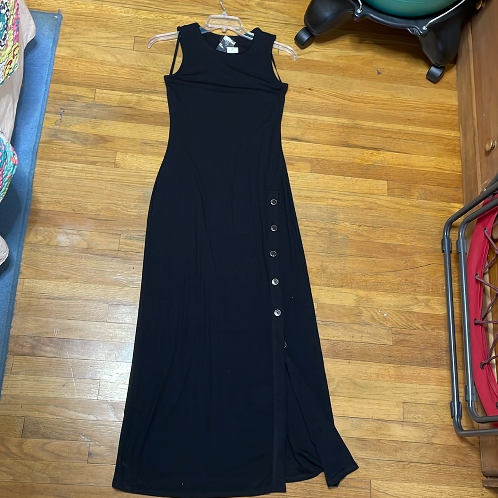 NWT Premise Dresses Full Length Black Dress with Button Up Slit